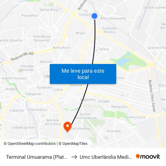 Terminal Umuarama (Plataforma B2) to Umc Uberlândia Medical Center map