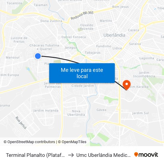 Terminal Planalto (Plataforma A1) to Umc Uberlândia Medical Center map