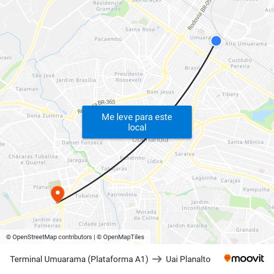 Terminal Umuarama (Plataforma A1) to Uai Planalto map