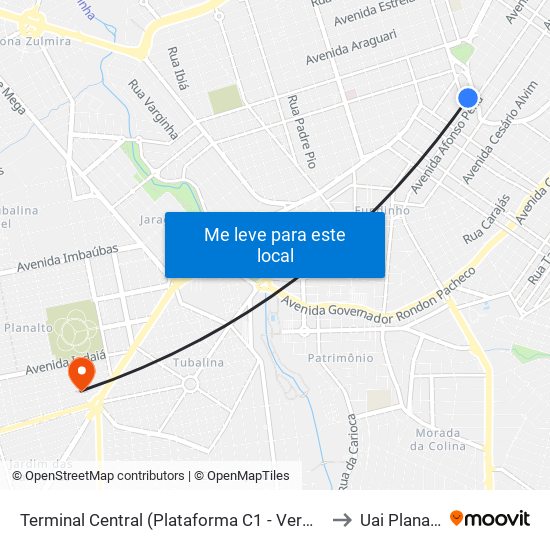 Terminal Central (Plataforma C1 - Vermelho) to Uai Planalto map