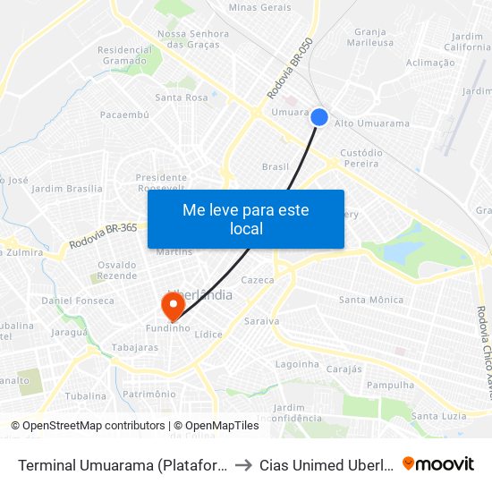 Terminal Umuarama (Plataforma B1) to Cias Unimed Uberlândia map