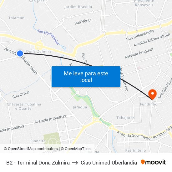 B2 - Terminal Dona Zulmira to Cias Unimed Uberlândia map