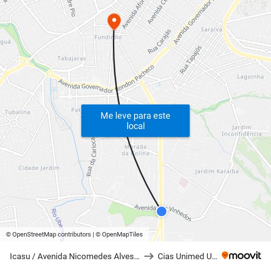 Icasu / Avenida Nicomedes Alves Dos Santos, 3900 to Cias Unimed Uberlândia map