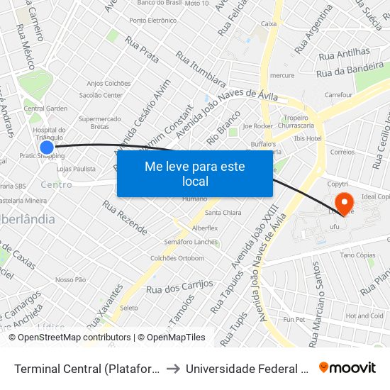 Terminal Central (Plataforma D1 - Verde) to Universidade Federal De Uberlândia map