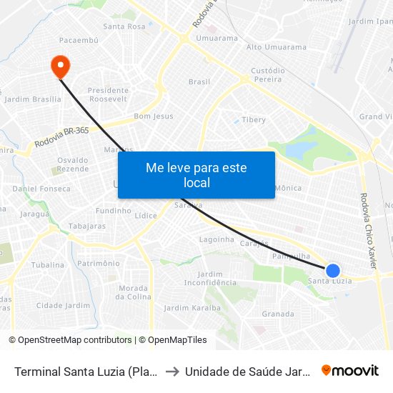 Terminal Santa Luzia (Plataforma B2) to Unidade de Saúde Jardim Brasília map