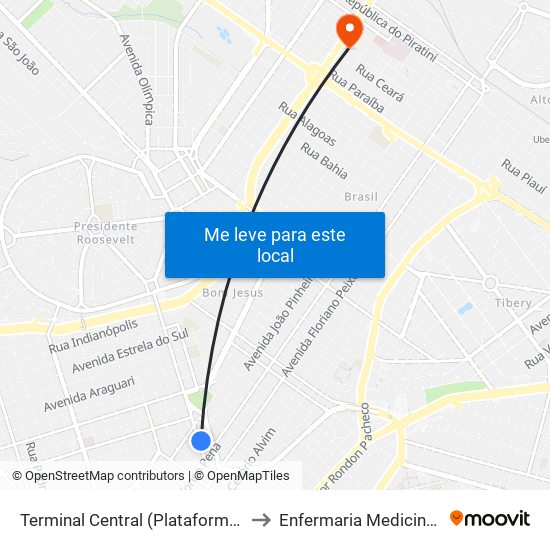 Terminal Central (Plataforma A2 - Azul) to Enfermaria Medicina Interna map