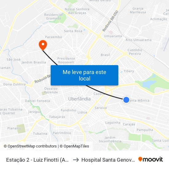 Estação 2 - Luiz Finotti (Av. Segismundo Pereira) to Hospital Santa Genoveva Pronto Socorro map