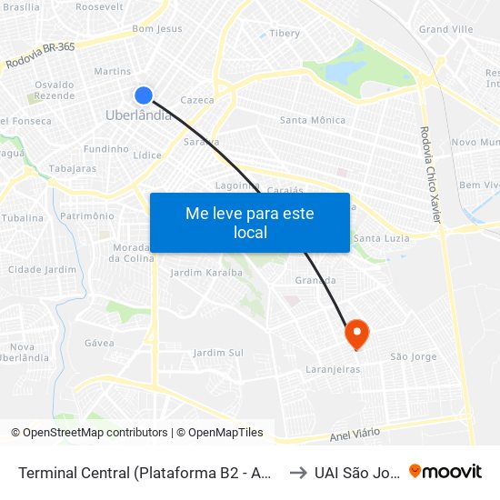 Terminal Central (Plataforma B2 - Amarelo) to UAI São Jorge map