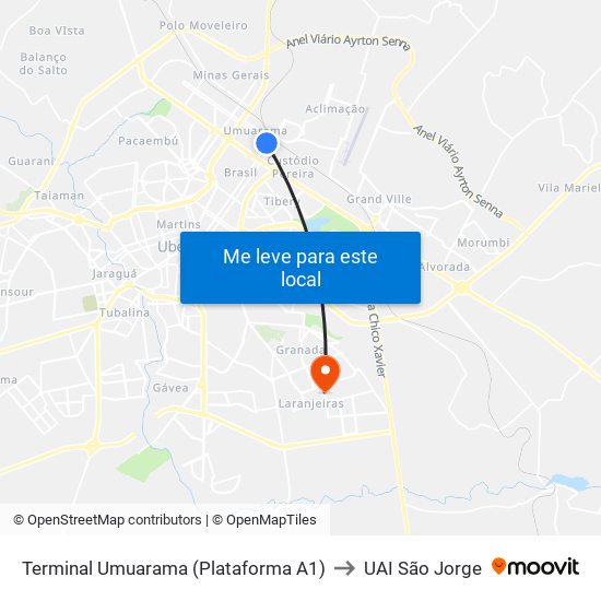 Terminal Umuarama (Plataforma A1) to UAI São Jorge map