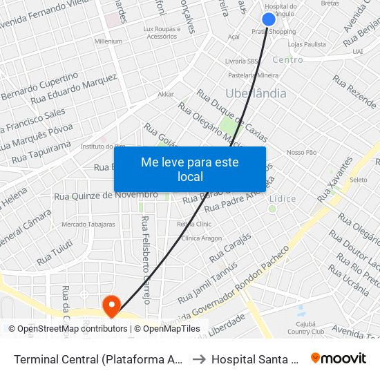 Terminal Central (Plataforma A2 - Azul) to Hospital Santa Marta map