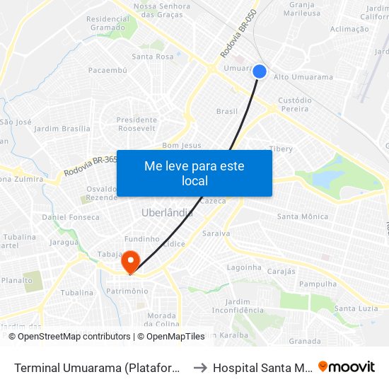 Terminal Umuarama (Plataforma A2) to Hospital Santa Marta map