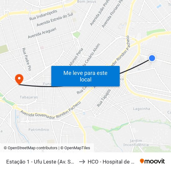 Estação 1 - Ufu Leste (Av. Segismundo Pereira) to HCO - Hospital de Cirurgia Ocular map