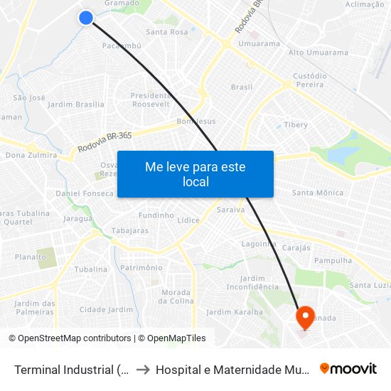 Terminal Industrial (Plataforma A2) to Hospital e Maternidade Municipal de Uberlândia map