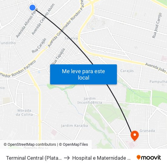 Terminal Central (Plataforma B2 - Amarelo) to Hospital e Maternidade Municipal de Uberlândia map