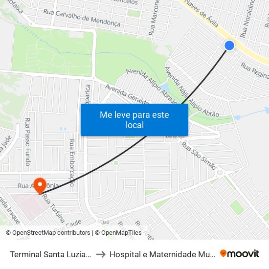 Terminal Santa Luzia (Plataforma A2) to Hospital e Maternidade Municipal de Uberlândia map