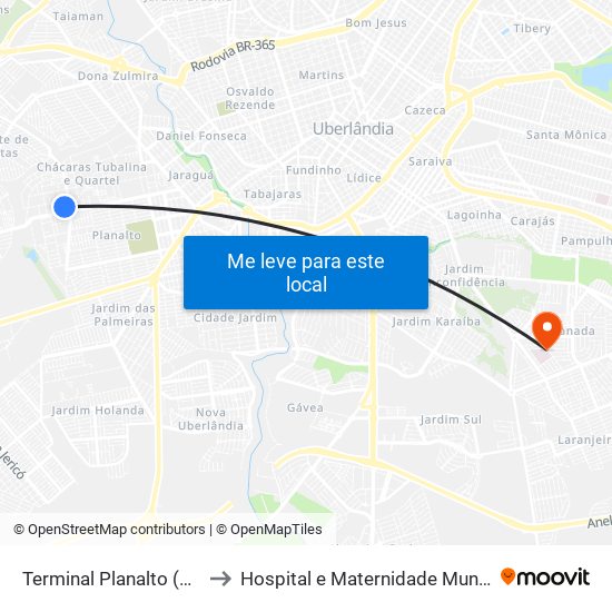 Terminal Planalto (Plataforma A2) to Hospital e Maternidade Municipal de Uberlândia map