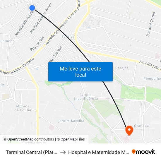 Terminal Central (Plataforma D1 - Verde) to Hospital e Maternidade Municipal de Uberlândia map