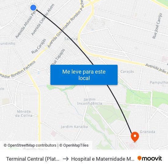 Terminal Central (Plataforma D2 - Verde) to Hospital e Maternidade Municipal de Uberlândia map