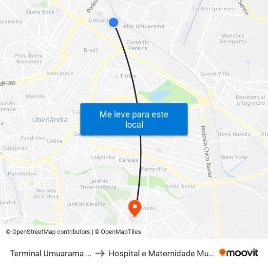 Terminal Umuarama (Plataforma B2) to Hospital e Maternidade Municipal de Uberlândia map
