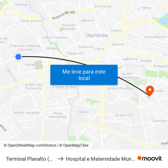 Terminal Planalto (Plataforma A1) to Hospital e Maternidade Municipal de Uberlândia map