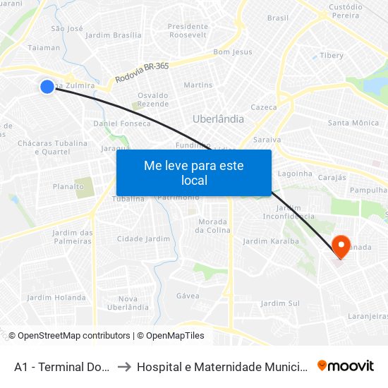 A1 - Terminal Dona Zulmira to Hospital e Maternidade Municipal de Uberlândia map
