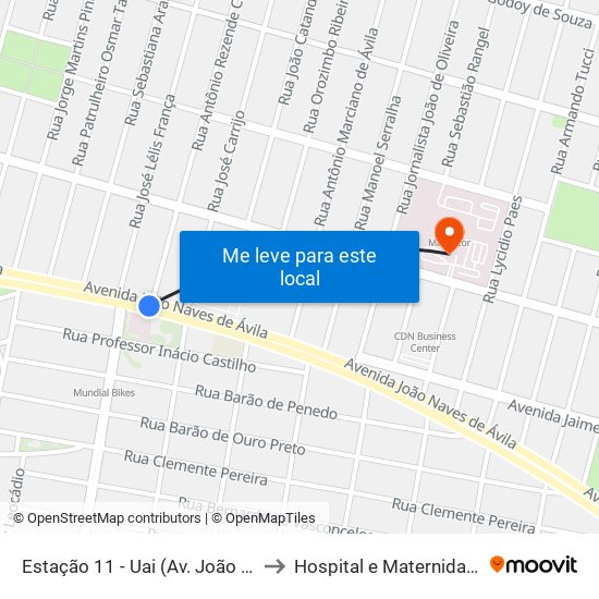 Estação 11 - Uai (Av. João Naves De Ávila) to Hospital e Maternidade Madrecor map