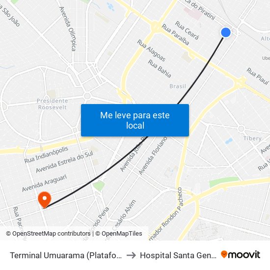 Terminal Umuarama (Plataforma B1) to Hospital Santa Genoveva map