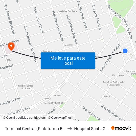 Terminal Central (Plataforma B1 - Amarelo) to Hospital Santa Genoveva map