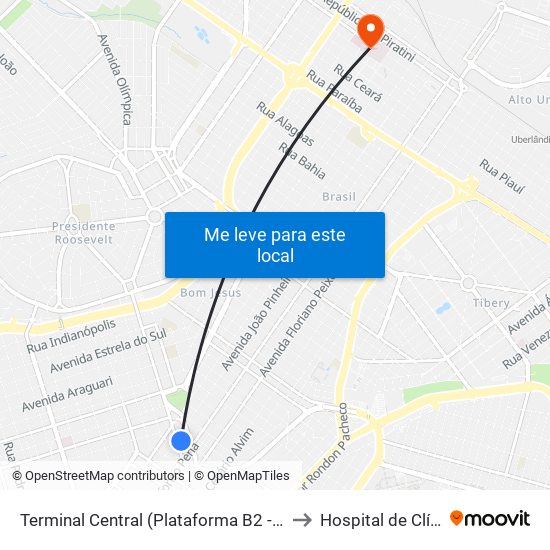 Terminal Central (Plataforma B2 - Amarelo) to Hospital de Clínicas map