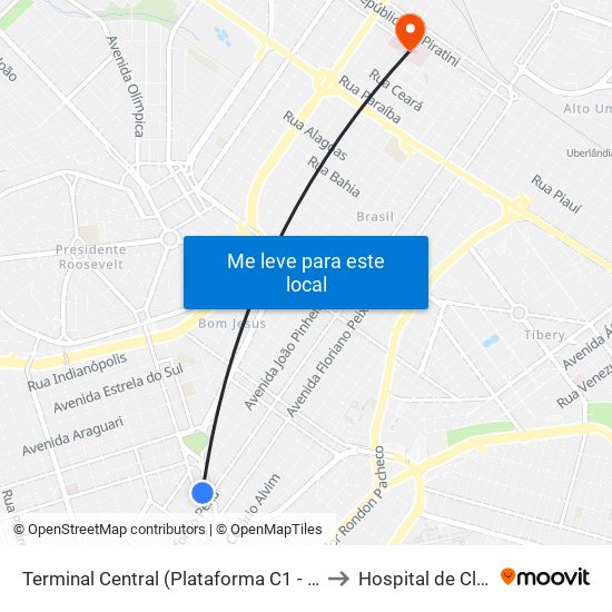 Terminal Central (Plataforma C1 - Vermelho) to Hospital de Clínicas map