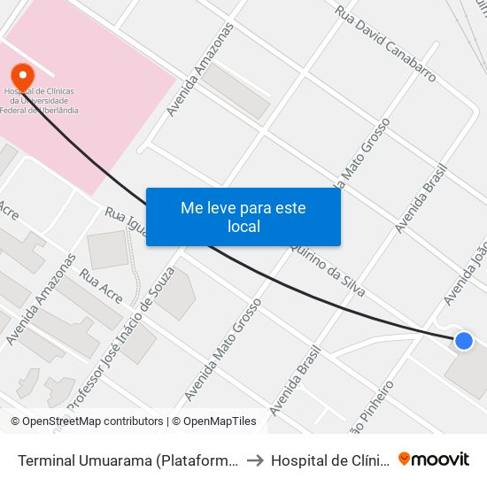 Terminal Umuarama (Plataforma B2) to Hospital de Clínicas map