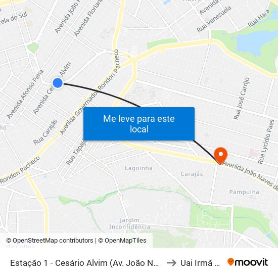 Estação 1 - Cesário Alvim (Av. João Naves De Ávila) to Uai Irmã Dulce map