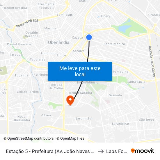 Estação 5 - Prefeitura (Av. João Naves De Ávila) to Labs For Fit map