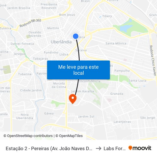 Estação 2 - Pereiras (Av. João Naves De Ávila) to Labs For Fit map