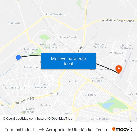 Terminal Industrial (Plataforma A2) to Aeroporto de Uberlândia - Tenente Coronel Aviador César Bombonato map