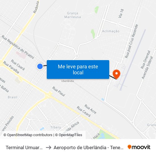 Terminal Umuarama (Plataforma A1) to Aeroporto de Uberlândia - Tenente Coronel Aviador César Bombonato map