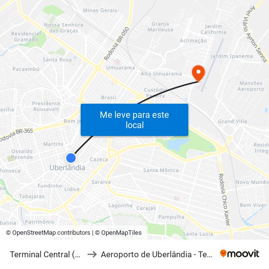 Terminal Central (Plataforma C1 - Vermelho) to Aeroporto de Uberlândia - Tenente Coronel Aviador César Bombonato map