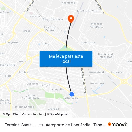 Terminal Santa Luzia (Plataforma B2) to Aeroporto de Uberlândia - Tenente Coronel Aviador César Bombonato map