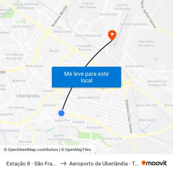 Estação 8 - São Francisco (Av. João Naves De Ávila) to Aeroporto de Uberlândia - Tenente Coronel Aviador César Bombonato map