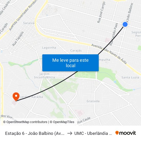 Estação 6 - João Balbino (Av. Segismundo Pereira) to UMC - Uberlândia Medical Center map