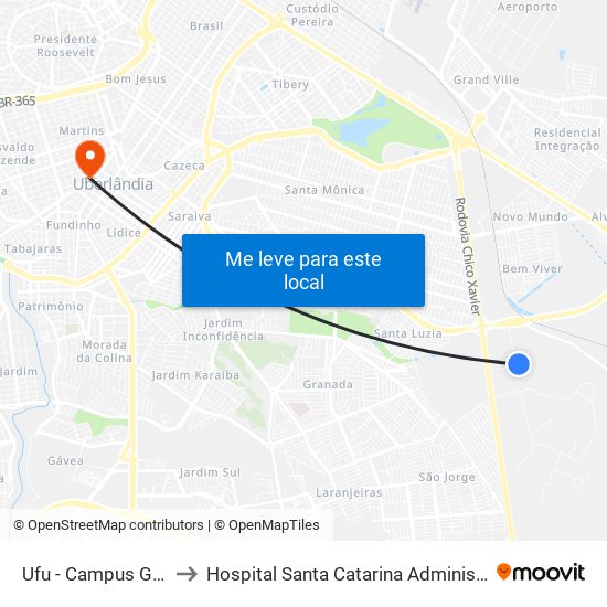 Ufu - Campus Glória to Hospital Santa Catarina Administração map