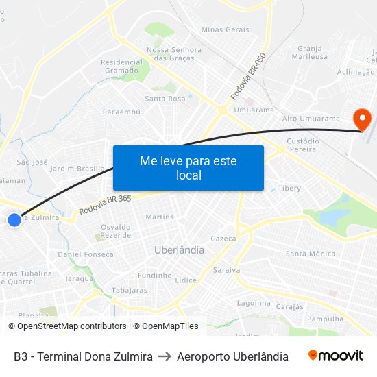 B3 - Terminal Dona Zulmira to Aeroporto Uberlândia map