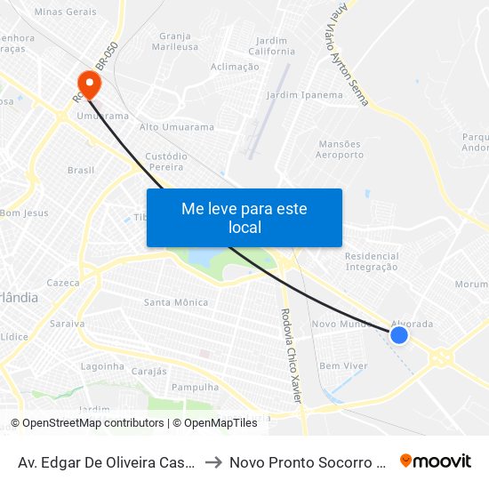 Av. Edgar De Oliveira Castro to Novo Pronto Socorro Ufu map