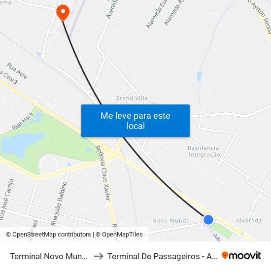 Terminal Novo Mundo (Plataforma A) to Terminal De Passageiros - Aeroporto De Uberlândia map