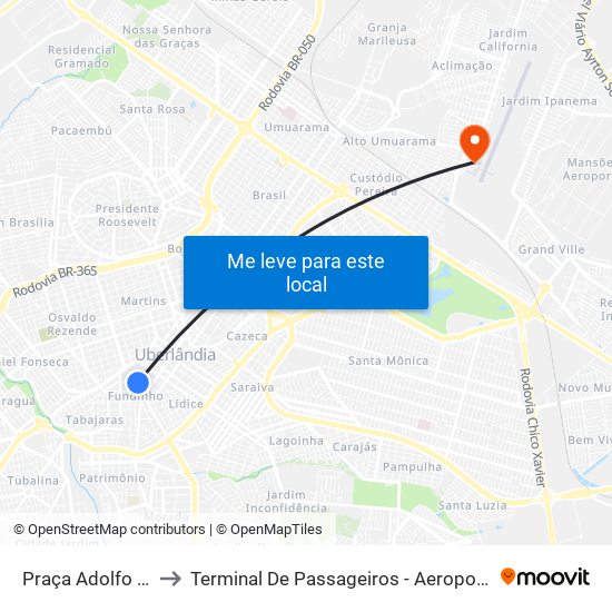 Praça Adolfo Fonseca to Terminal De Passageiros - Aeroporto De Uberlândia map