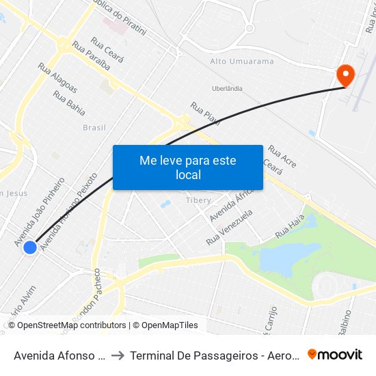 Avenida Afonso Pena, 1802 to Terminal De Passageiros - Aeroporto De Uberlândia map