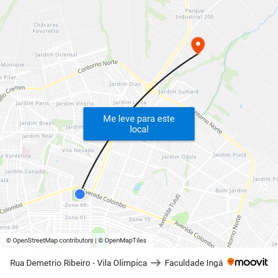 Rua Demetrio Ribeiro - Vila Olimpica to Faculdade Ingá map