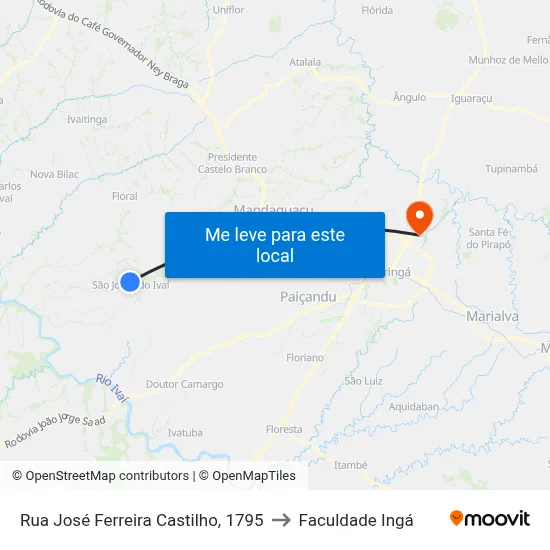 Rua José Ferreira Castilho, 1795 to Faculdade Ingá map