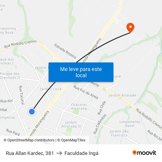 Rua Allan Kardec, 381 to Faculdade Ingá map