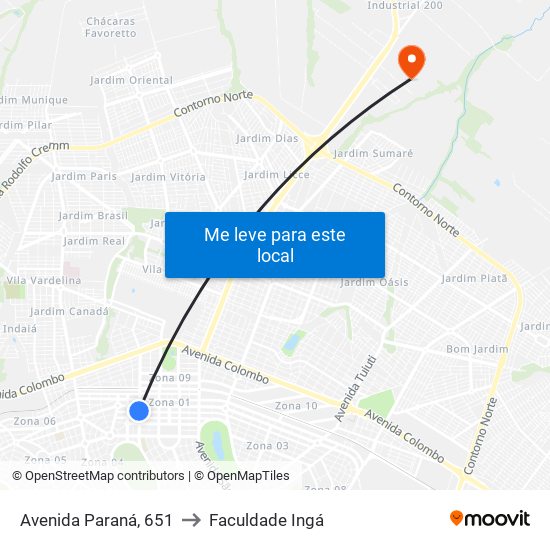 Avenida Paraná, 651 to Faculdade Ingá map
